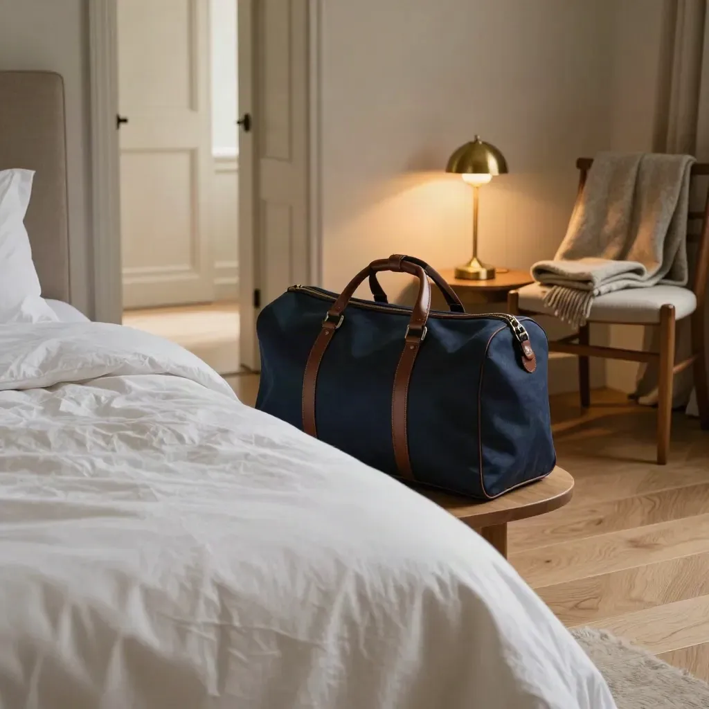 Neatly prepared spare room with fresh linen, weekender bag, lamp, and folded blanket in warm light.