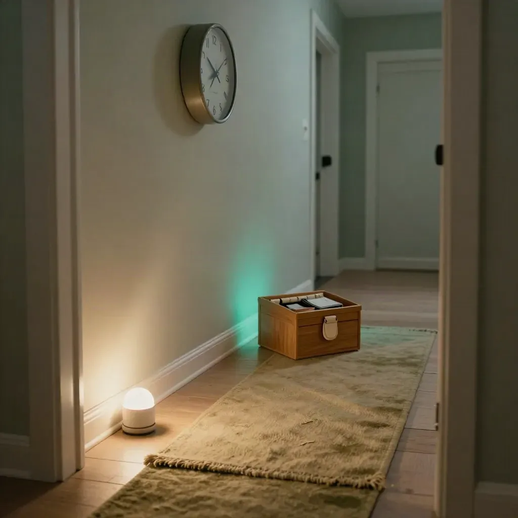 Quiet hallway with a nightlight, turned clock and memory box guiding a safe night path.