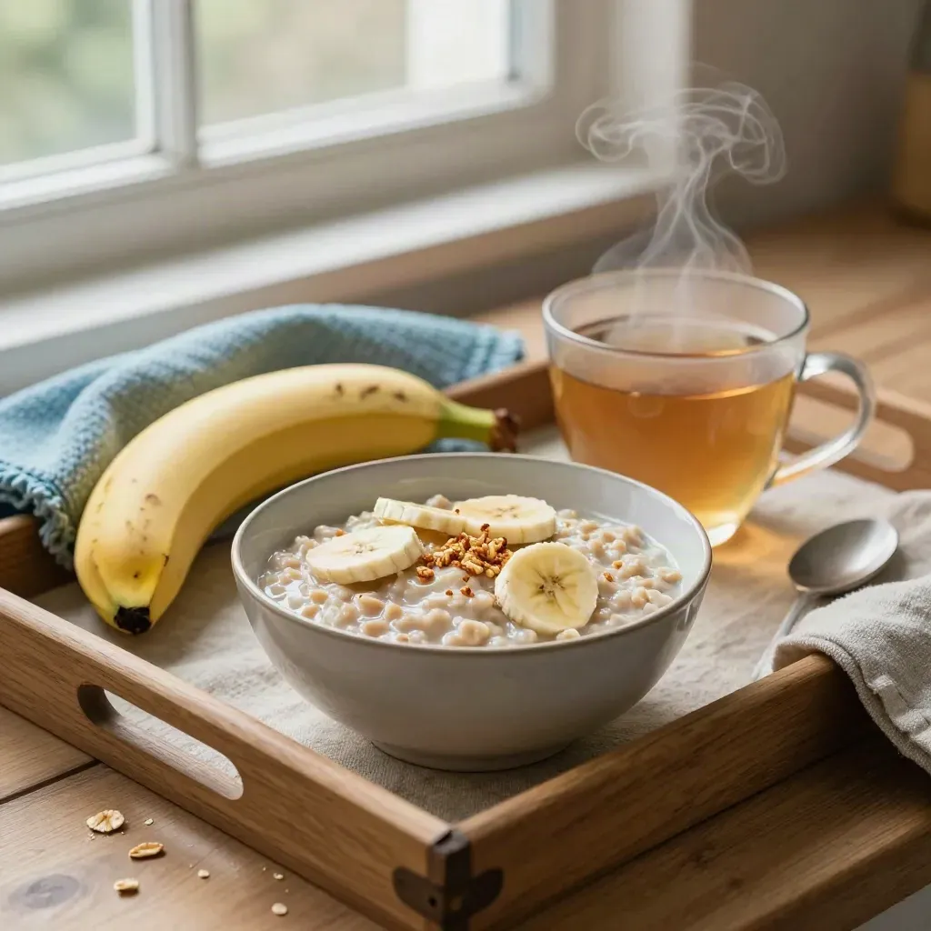 Oat bowl, herbal tea, banana and folded wool throw in a calm morning still life.