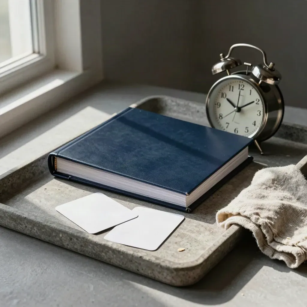 Closed binder, face-down cards, clock and linen cloth on a stone tray in soft side light.