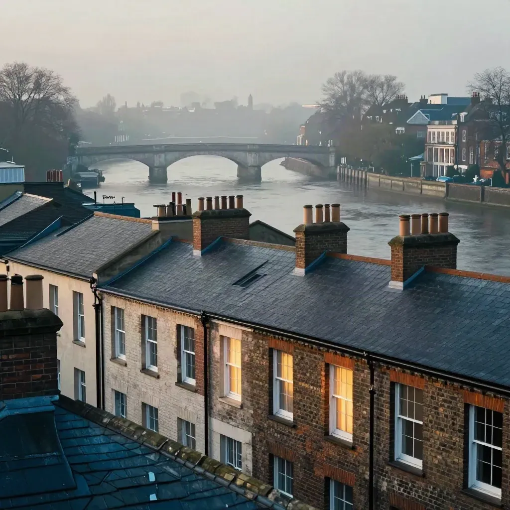 Misty Greater London rooftops and a stone bridge above a pale river at blue hour.